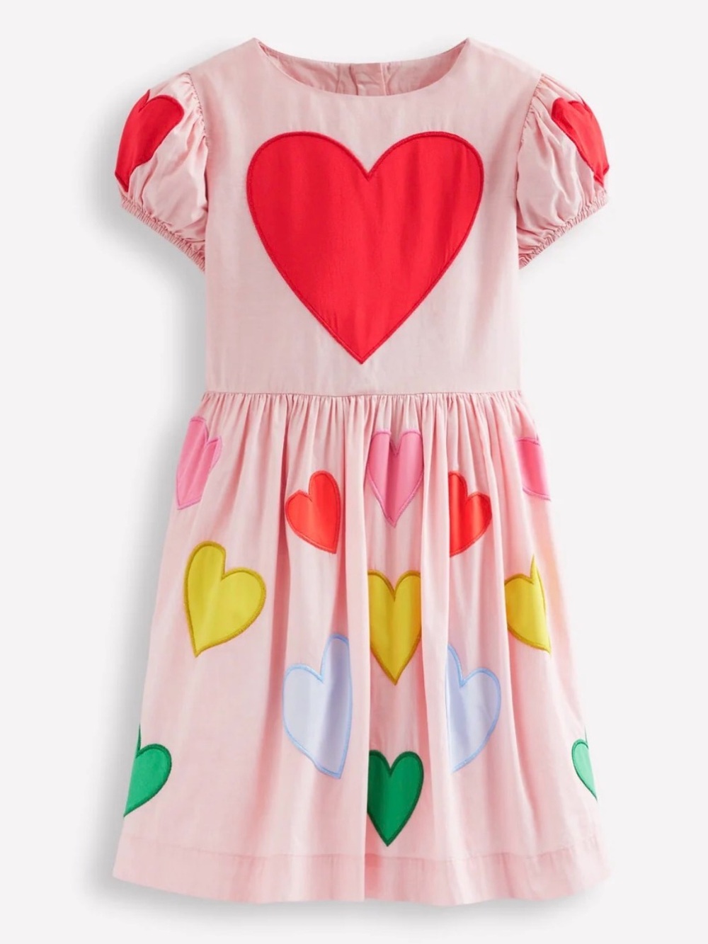RARE Mini Boden Pink Dress with Multicolor Heart Appliqués Size 7-8Y Like New